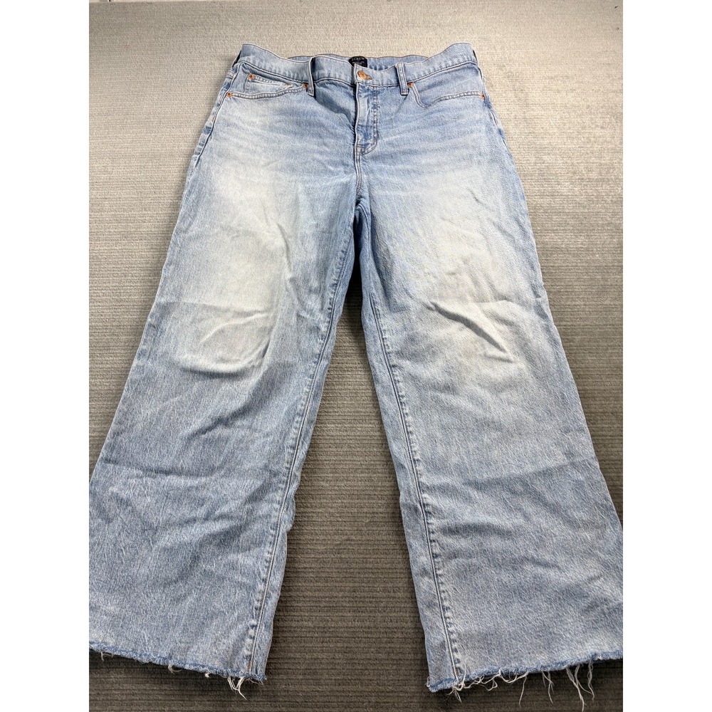 J Crew Factory Wide Leg Jeans Women 31 High Rise Cropped Light Wash Raw Hem Zip
